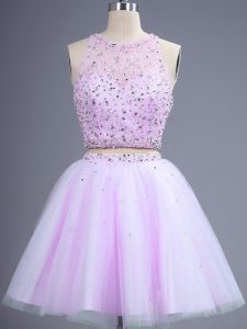 Tulle Sleeveless Knee Length Dama Dress for Quinceanera and Beading