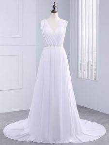 Graceful White Sleeveless Chiffon Brush Train Backless Bridal Gown for Wedding Party