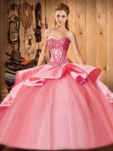 Dramatic Watermelon Red Sleeveless Beading and Embroidery and Ruffles Lace Up 15th Birthday Dress