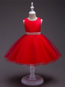 Inexpensive Ball Gowns Toddler Flower Girl Dress Red Scoop Organza Sleeveless Knee Length Zipper
