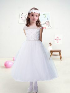 White Flower Girl Dresses for Less Wedding Party with Ruching Scoop Cap Sleeves Zipper