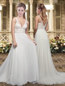 Best White V-neck Neckline Lace Wedding Gowns Sleeveless Clasp Handle