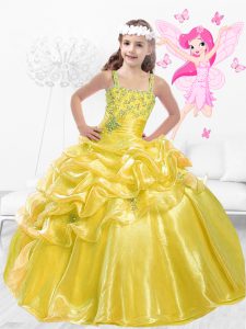 Floor Length Gold Pageant Gowns For Girls Organza Sleeveless Beading and Pick Ups