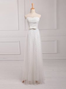 Chic White Tulle and Lace Lace Up Sweetheart Sleeveless Floor Length Dama Dress for Quinceanera Belt