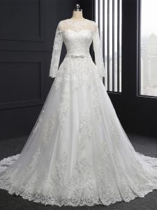 Traditional White Lace Up Wedding Gown Lace Long Sleeves Brush Train