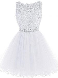 White A-line Scoop Sleeveless Tulle Mini Length Zipper Beading and Lace and Appliques Evening Dress