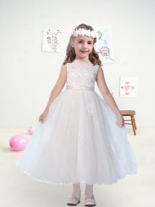 Custom Fit White Ball Gowns Tulle Bateau Sleeveless Lace and Belt Ankle Length Zipper Flower Girl Dress