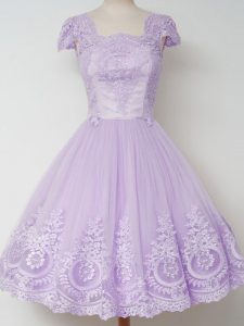 Cheap Lavender Bridesmaid Gown Prom and Party and Wedding Party with Lace Square Cap Sleeves Zipper