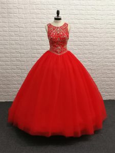 Adorable Brush Train Ball Gowns Quinceanera Dress Red Scoop Tulle Sleeveless Zipper