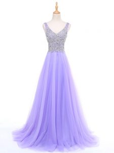 Lavender A-line Tulle V-neck Sleeveless Beading Floor Length Zipper Evening Party Dresses