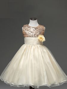 Champagne Zipper Scoop Sequins and Hand Made Flower Child Pageant Dress Tulle Sleeveless