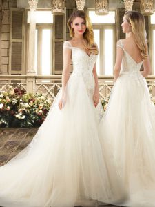 Customized Off The Shoulder Sleeveless Court Train Zipper Bridal Gown White Tulle