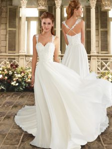 Popular Sleeveless Chiffon Sweep Train Criss Cross Wedding Dresses in White with Embroidery