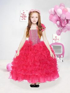 Fashionable Organza Straps Sleeveless Side Zipper Ruffles and Sequins Little Girl Pageant Gowns in Hot Pink
