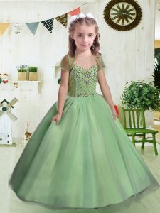 Apple Green Ball Gowns Spaghetti Straps Sleeveless Tulle Floor Length Lace Up Beading Toddler Flower Girl Dress
