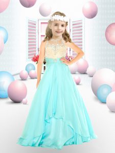 High End Apple Green A-line Organza Halter Top Sleeveless Beading Floor Length Backless Kids Pageant Dress