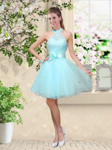 Pretty Aqua Blue A-line Halter Top Sleeveless Tulle Knee Length Lace Up Lace and Belt Bridesmaid Dresses