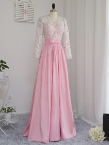 Top Selling Baby Pink Empire Beading Prom Gown Zipper Chiffon Long Sleeves Floor Length