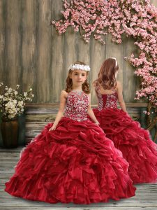 Floor Length Burgundy Little Girls Pageant Dress Wholesale Organza Sleeveless Beading and Ruffles and Pick Ups