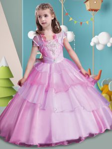 Superior Beading and Ruffled Layers Little Girl Pageant Gowns Lilac Lace Up Sleeveless Floor Length