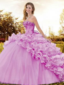 Modest Lilac Organza Lace Up 15th Birthday Dress Sleeveless Sweep Train Beading and Ruffles