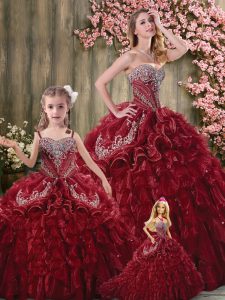 Sleeveless Organza Brush Train Lace Up Sweet 16 Quinceanera Dress in Burgundy with Beading and Embroidery and Ruffles