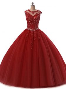 Wonderful Wine Red Ball Gowns Scoop Sleeveless Tulle Floor Length Lace Up Beading and Lace Ball Gown Prom Dress