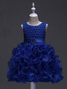 Royal Blue Scoop Lace Up Ruffles and Belt Kids Formal Wear Sleeveless