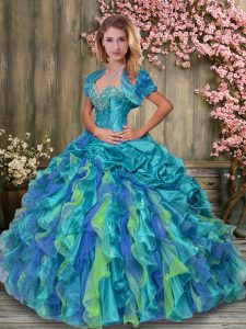 Modern Sweetheart Sleeveless Ball Gown Prom Dress Floor Length Beading and Ruffles and Pick Ups Multi-color Organza and 