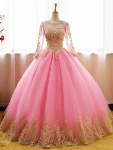 Pink Quince Ball Gowns Sweet 16 and Quinceanera with Appliques Scoop Long Sleeves Lace Up