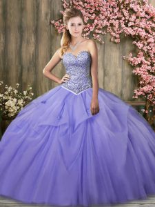 Lavender Sleeveless Tulle Brush Train Lace Up Sweet 16 Dress for Military Ball and Sweet 16 and Quinceanera