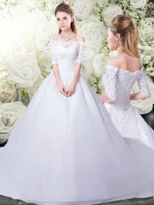 Artistic White Wedding Gown Beach and Wedding Party with Beading and Appliques Scalloped Half Sleeves Brush Train Lace U
