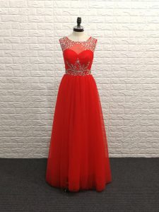 Red Chiffon Backless Scoop Sleeveless Floor Length Prom Evening Gown Beading