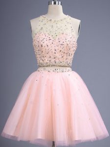 Knee Length Peach Quinceanera Court Dresses Scoop Sleeveless Lace Up