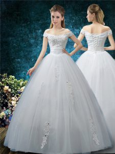 Traditional White Organza Lace Up Wedding Gowns Cap Sleeves Floor Length Beading and Appliques