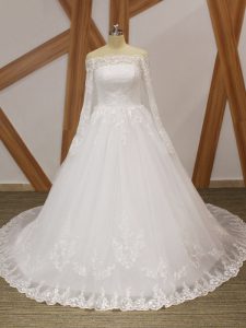 Stunning White Ball Gowns Organza Scalloped Long Sleeves Beading and Appliques Lace Up Wedding Dresses Court Train