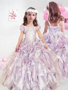 Lavender Organza Lace Up Straps Sleeveless Floor Length Little Girls Pageant Dress Beading and Ruffles