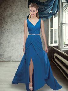 Best Blue Zipper Wedding Guest Dresses Beading Sleeveless Brush Train