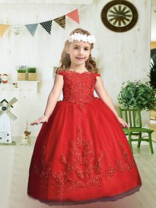 Red Zipper Scalloped Appliques Girls Pageant Dresses Organza Cap Sleeves