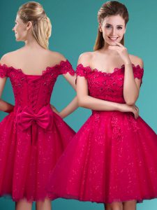 Best Selling Red A-line Off The Shoulder Cap Sleeves Tulle Knee Length Lace Up Lace and Belt Wedding Party Dress