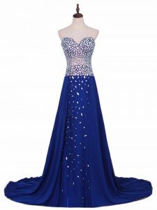 Luxury Zipper Prom Party Dress Royal Blue for Prom and Party and Military Ball and Sweet 16 with Beading Brush Train
