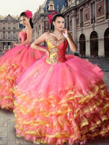 Lace Up Quinceanera Dress Coral Red for Military Ball and Sweet 16 and Quinceanera with Beading and Ruffled Layers Court