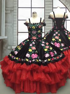 Sleeveless Lace Up Floor Length Embroidery and Ruffled Layers Little Girls Pageant Dress