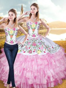 Enchanting Organza and Taffeta Sweetheart Sleeveless Lace Up Embroidery and Ruffled Layers 15th Birthday Dress in Rose P