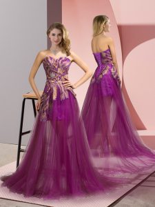 Brush Train Empire Prom Gown Purple Sweetheart Tulle Sleeveless Zipper