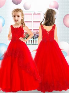 Sweet Red Sleeveless Lace Floor Length Little Girl Pageant Dress