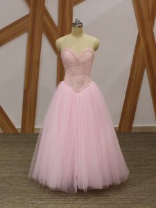 Dynamic Beading Dress for Prom Baby Pink Lace Up Sleeveless Floor Length