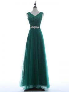 New Arrival V-neck Sleeveless Tulle Prom Gown Beading and Appliques Zipper