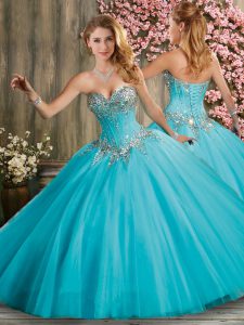 Gorgeous Aqua Blue Ball Gowns Sweetheart Sleeveless Tulle Floor Length Lace Up Beading Quinceanera Dress