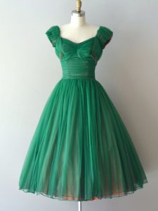 Chiffon V-neck Cap Sleeves Lace Up Ruching Bridesmaid Gown in Green